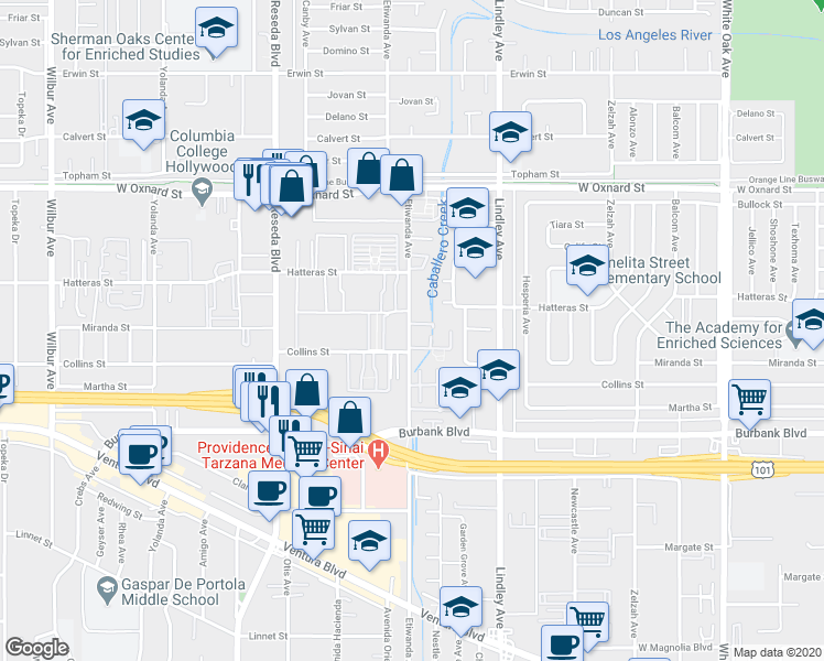 map of restaurants, bars, coffee shops, grocery stores, and more near 5700 Etiwanda Avenue in Los Angeles