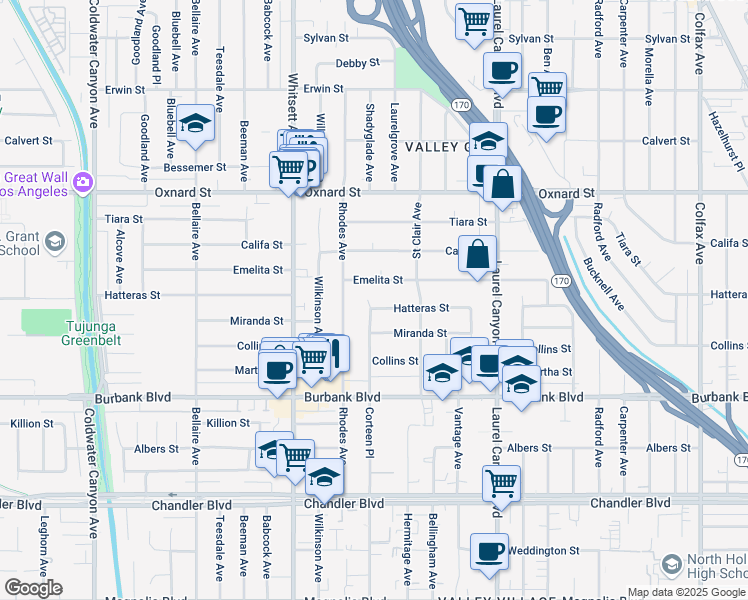 map of restaurants, bars, coffee shops, grocery stores, and more near 12327 Hatteras Street in Los Angeles
