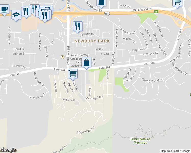 map of restaurants, bars, coffee shops, grocery stores, and more near 146 Midbury Hill Road in Thousand Oaks