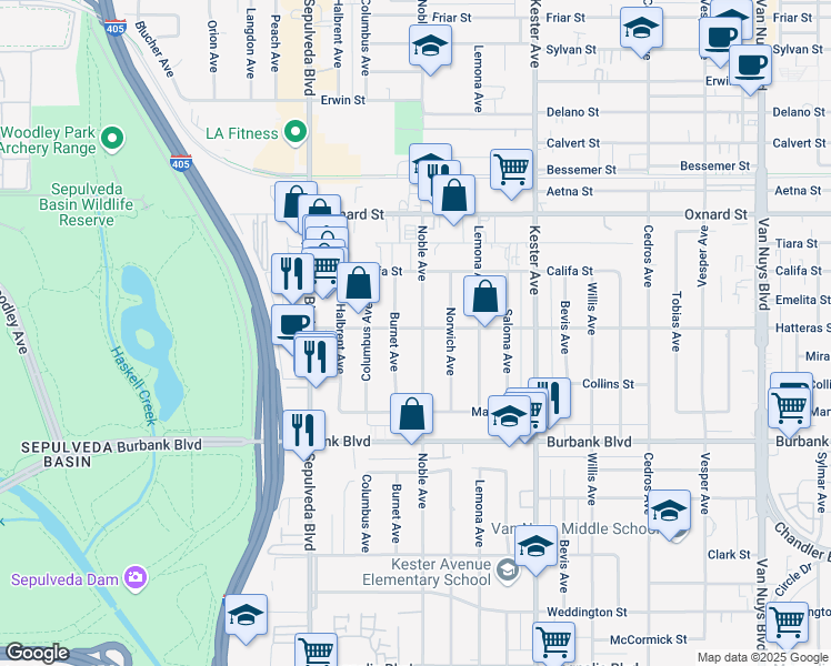 map of restaurants, bars, coffee shops, grocery stores, and more near 5806 Burnet Avenue in Los Angeles