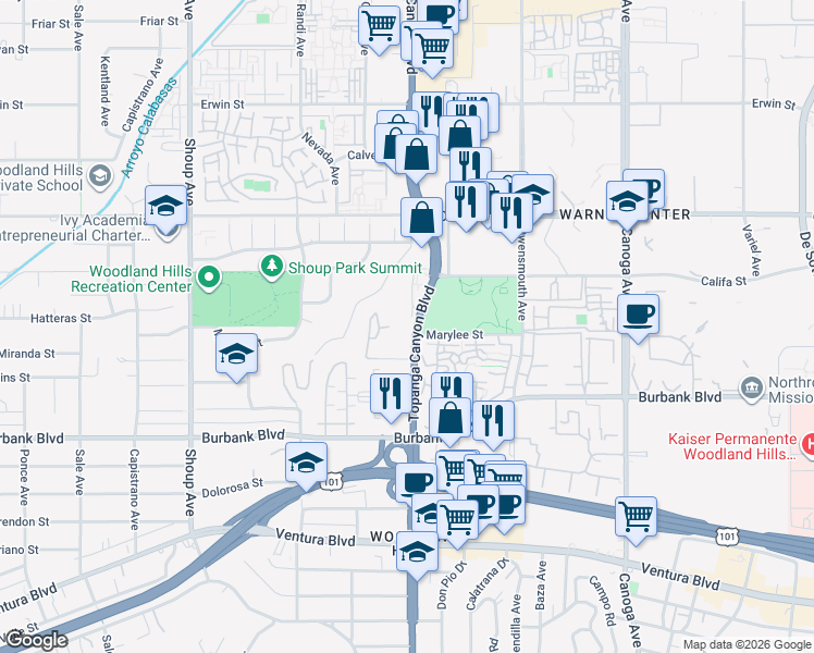 map of restaurants, bars, coffee shops, grocery stores, and more near in Los Angeles