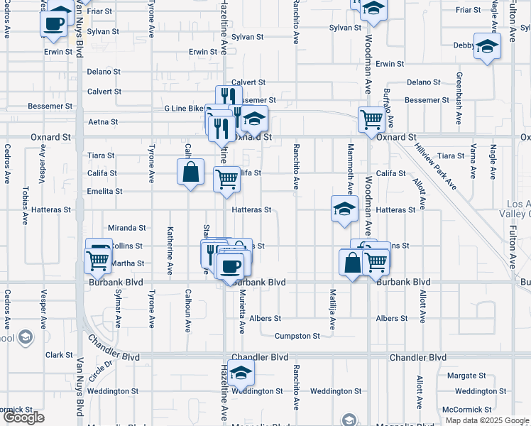 map of restaurants, bars, coffee shops, grocery stores, and more near 5758 Costello Avenue in Los Angeles
