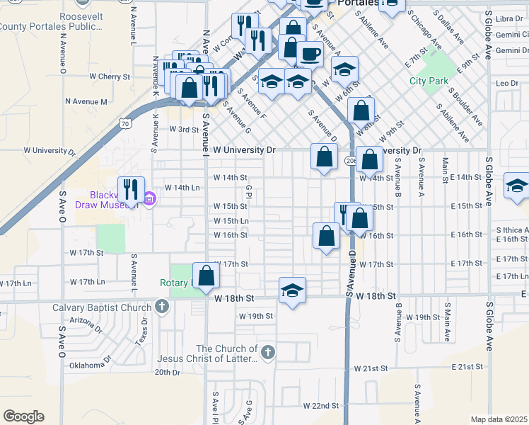 map of restaurants, bars, coffee shops, grocery stores, and more near 700 West 15th Street in Portales