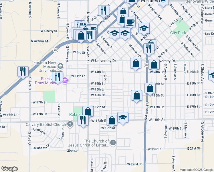map of restaurants, bars, coffee shops, grocery stores, and more near 811 West 15th Street in Portales