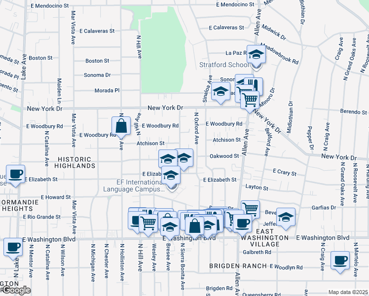 map of restaurants, bars, coffee shops, grocery stores, and more near 1736 North Sierra Bonita Avenue in Pasadena