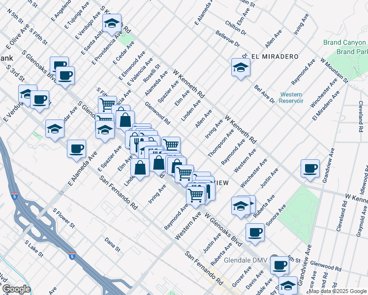 map of restaurants, bars, coffee shops, grocery stores, and more near 1173 Allen Avenue in Glendale