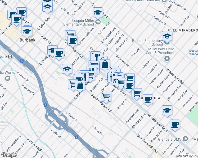 map of restaurants, bars, coffee shops, grocery stores, and more near 1001 South Glenoaks Boulevard in Burbank