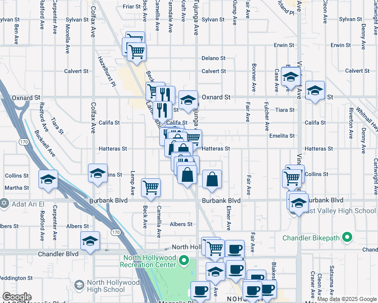 map of restaurants, bars, coffee shops, grocery stores, and more near 11429 Hatteras Street in Los Angeles