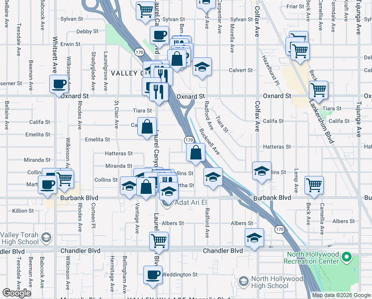 map of restaurants, bars, coffee shops, grocery stores, and more near 11947 Hatteras Street in Los Angeles