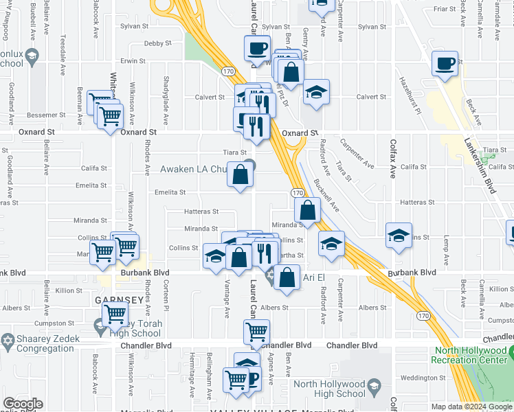 map of restaurants, bars, coffee shops, grocery stores, and more near in Los Angeles
