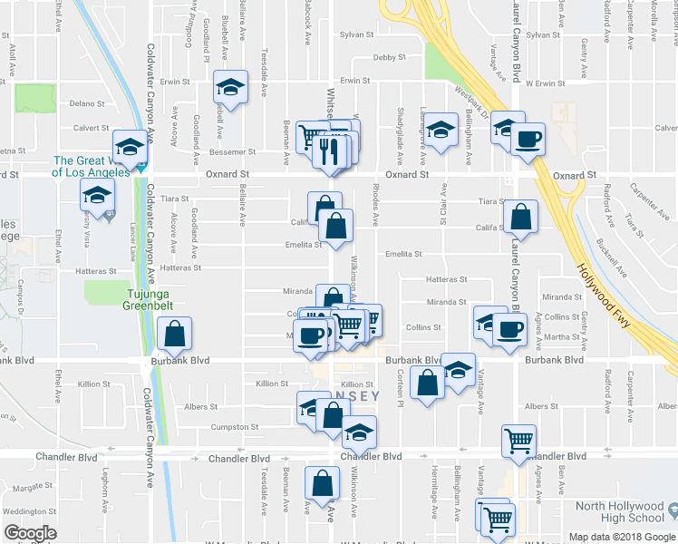 map of restaurants, bars, coffee shops, grocery stores, and more near 5805 Whitsett Avenue in Los Angeles