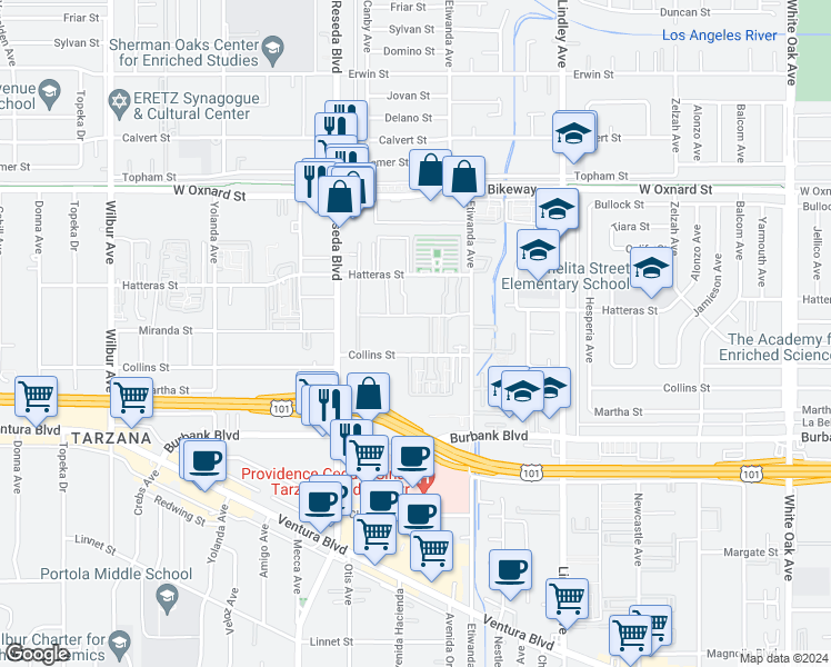 map of restaurants, bars, coffee shops, grocery stores, and more near 18347 Collins Street in Los Angeles