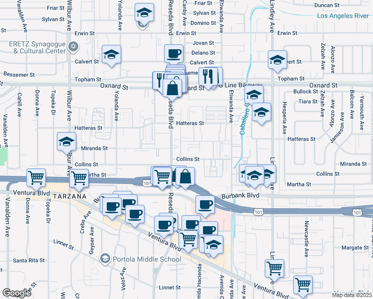 map of restaurants, bars, coffee shops, grocery stores, and more near 18415 Collins Street in Los Angeles