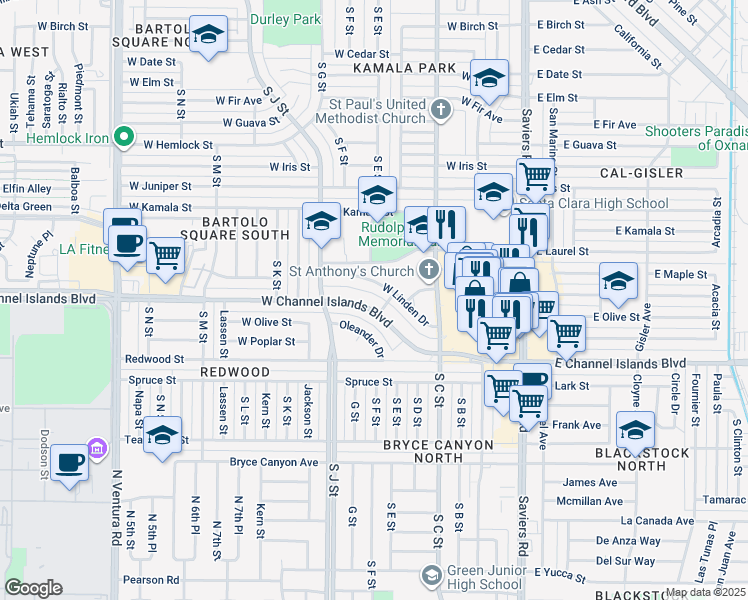 map of restaurants, bars, coffee shops, grocery stores, and more near 630 West Linden Drive in Oxnard
