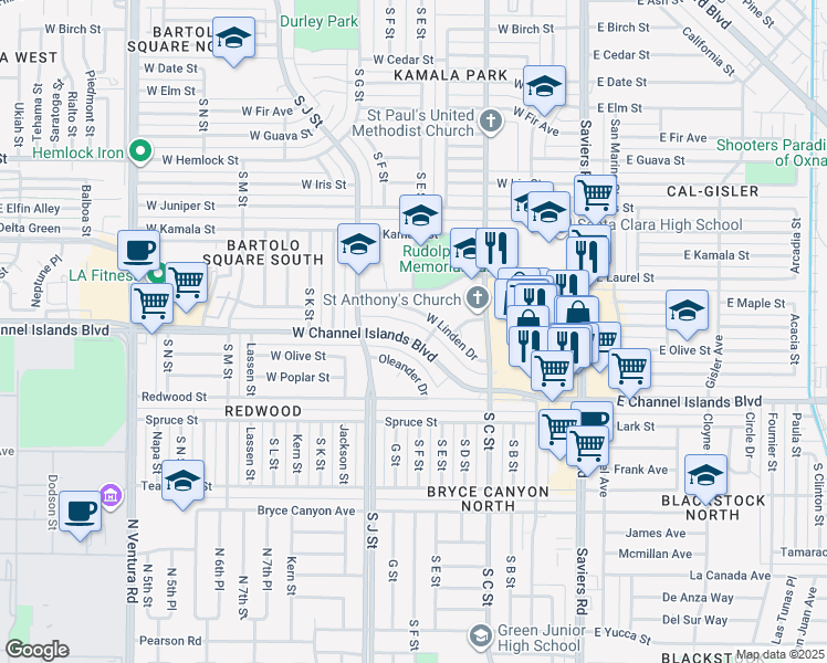 map of restaurants, bars, coffee shops, grocery stores, and more near 630 West Linden Drive in Oxnard