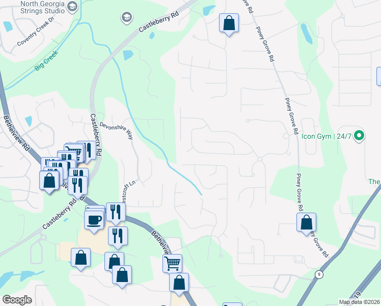 map of restaurants, bars, coffee shops, grocery stores, and more near 6025 Benton Place in Cumming