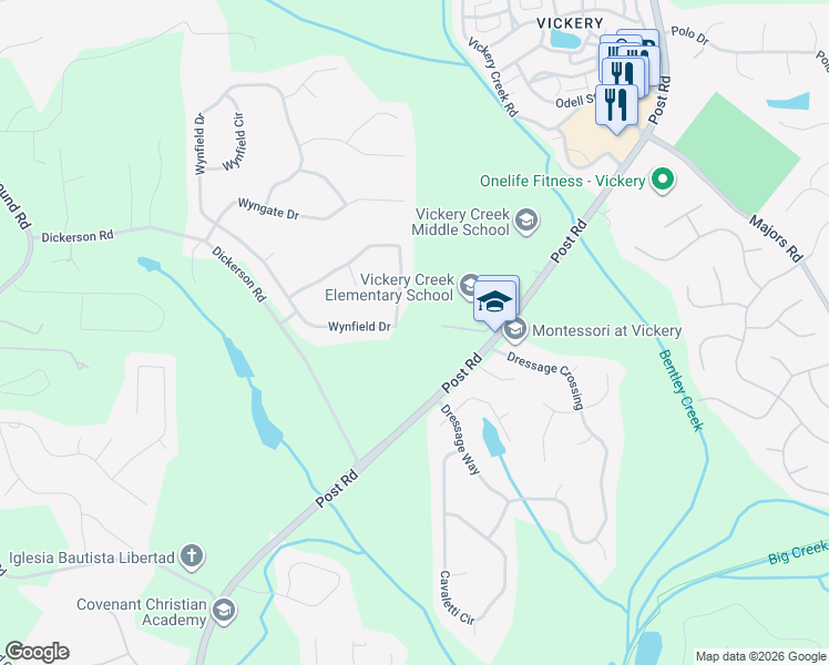 map of restaurants, bars, coffee shops, grocery stores, and more near 7420 Wynfield Drive in Cumming