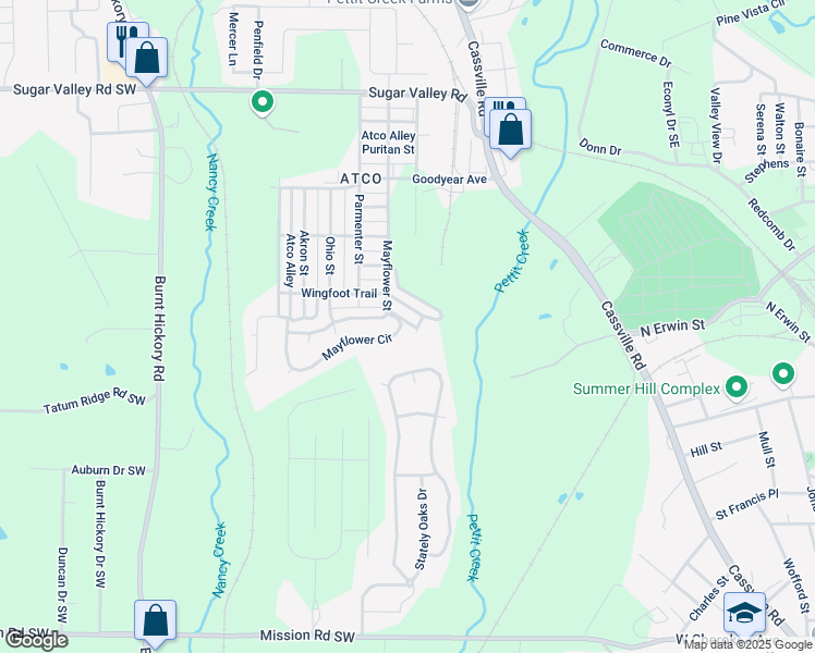 map of restaurants, bars, coffee shops, grocery stores, and more near 171 Mayflower Circle in Cartersville