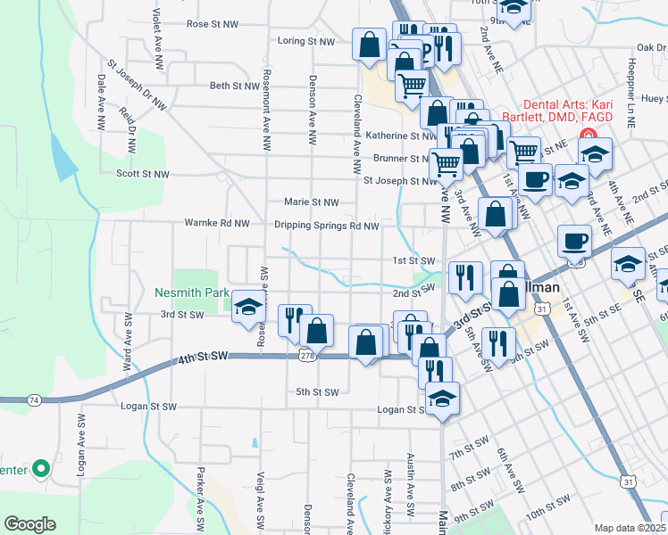 map of restaurants, bars, coffee shops, grocery stores, and more near 1303 1st Street Southwest in Cullman