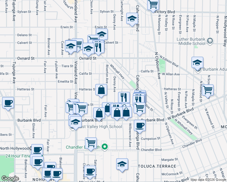 map of restaurants, bars, coffee shops, grocery stores, and more near 10732 Hatteras Street in Los Angeles
