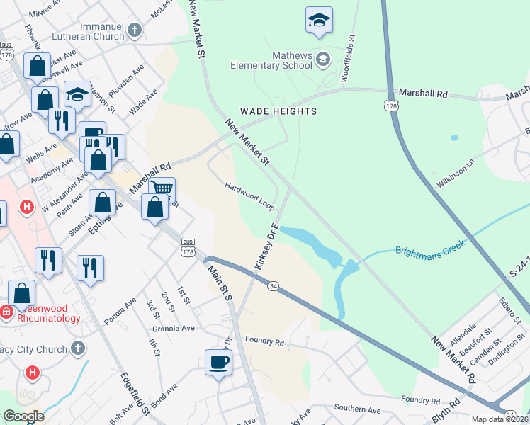 map of restaurants, bars, coffee shops, grocery stores, and more near 202 Hardwood Loop in Greenwood