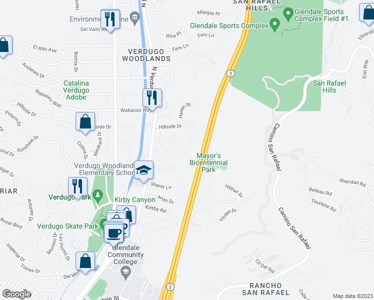 map of restaurants, bars, coffee shops, grocery stores, and more near 1865 Verdugo Knolls Drive in Glendale