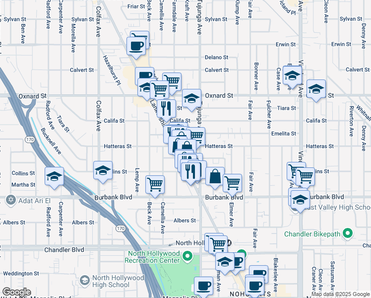 map of restaurants, bars, coffee shops, grocery stores, and more near 11429 Hatteras Street in Los Angeles