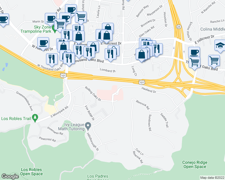 map of restaurants, bars, coffee shops, grocery stores, and more near 425 Haaland Drive in Thousand Oaks