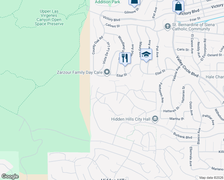 map of restaurants, bars, coffee shops, grocery stores, and more near 6005 William Bent Road in Hidden Hills