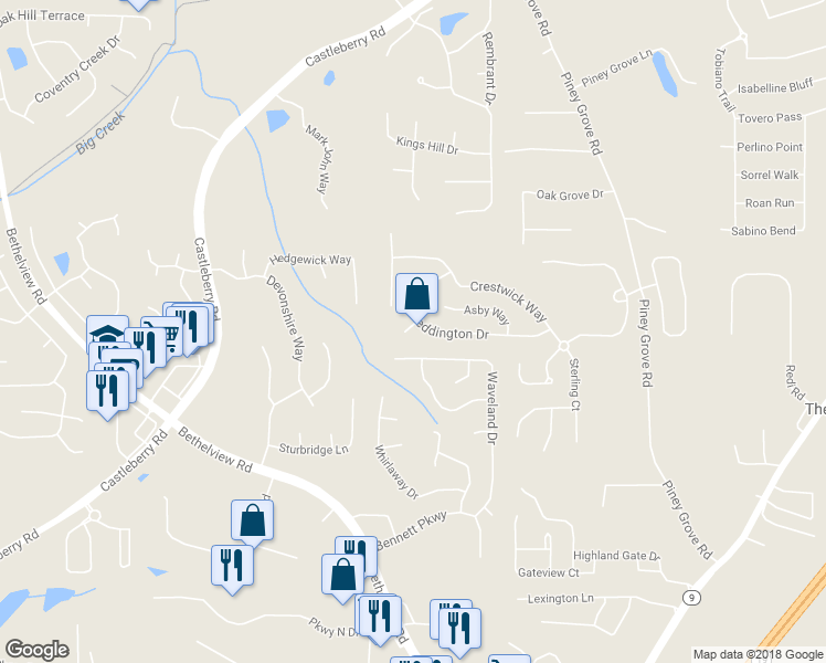 map of restaurants, bars, coffee shops, grocery stores, and more near 6025 Benton Place in Cumming