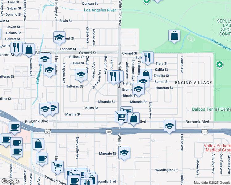map of restaurants, bars, coffee shops, grocery stores, and more near 5753 White Oak Avenue in Los Angeles