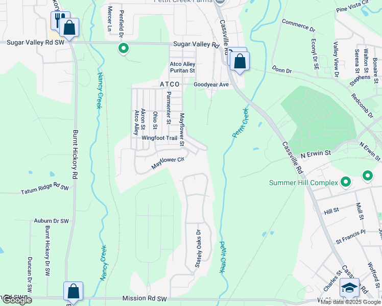 map of restaurants, bars, coffee shops, grocery stores, and more near 171 Mayflower Circle in Cartersville
