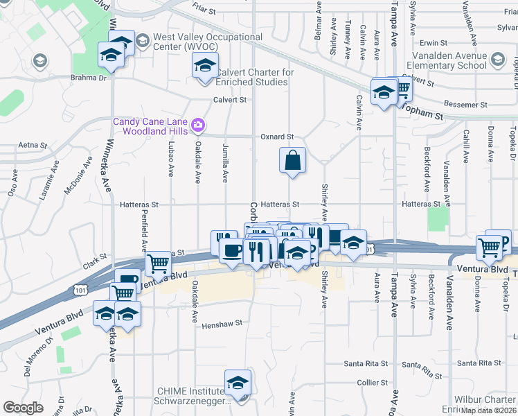 map of restaurants, bars, coffee shops, grocery stores, and more near 19641 Hatteras Street in Los Angeles