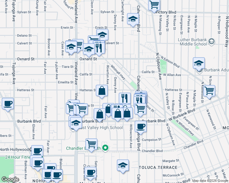 map of restaurants, bars, coffee shops, grocery stores, and more near 10732 Hatteras Street in Los Angeles