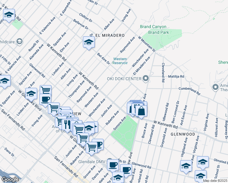map of restaurants, bars, coffee shops, grocery stores, and more near 1324 Winchester Avenue in Glendale