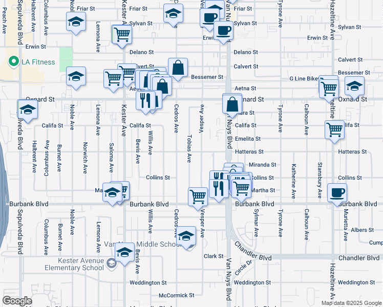 map of restaurants, bars, coffee shops, grocery stores, and more near 5758 Tobias Avenue in Los Angeles