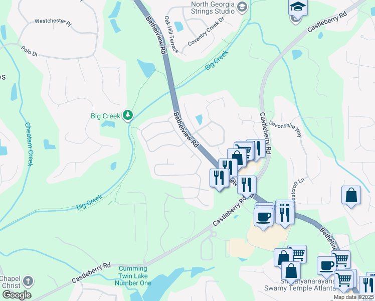 map of restaurants, bars, coffee shops, grocery stores, and more near 5430 Falls Landing Drive in Cumming