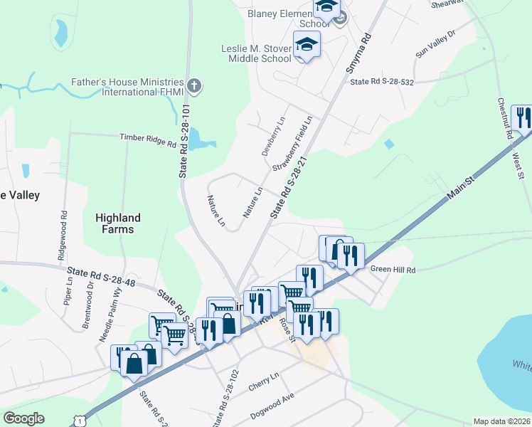 map of restaurants, bars, coffee shops, grocery stores, and more near 3 Nature Lane in Elgin