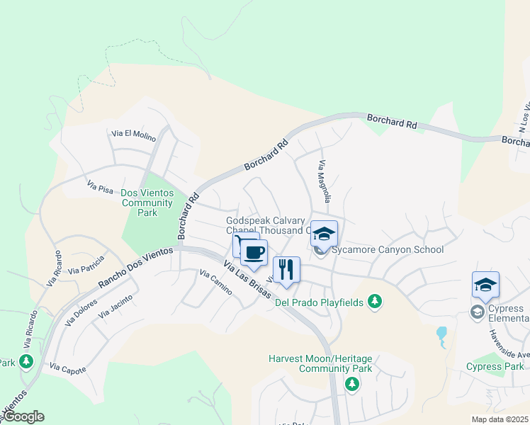 map of restaurants, bars, coffee shops, grocery stores, and more near 174 Via Katrina in Thousand Oaks