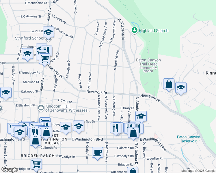 map of restaurants, bars, coffee shops, grocery stores, and more near 1716 North Roosevelt Avenue in Altadena