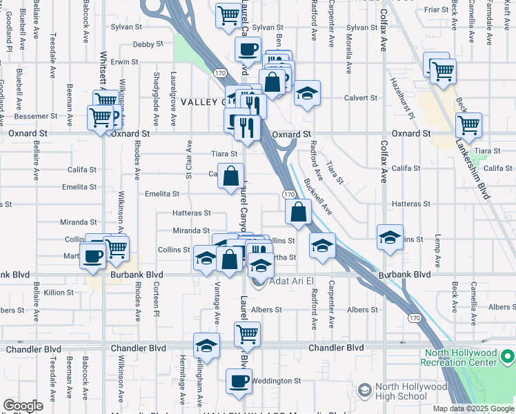 map of restaurants, bars, coffee shops, grocery stores, and more near 12018 Emelita Street in Los Angeles