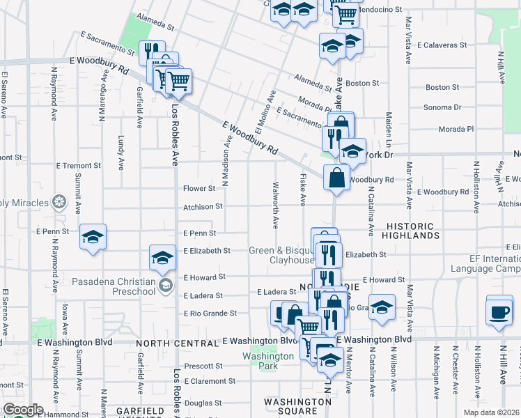 map of restaurants, bars, coffee shops, grocery stores, and more near 686 Atchison Street in Pasadena