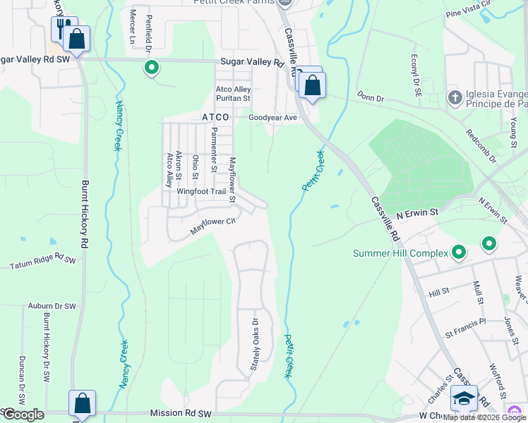 map of restaurants, bars, coffee shops, grocery stores, and more near 1 Wingfoot Trail in Cartersville