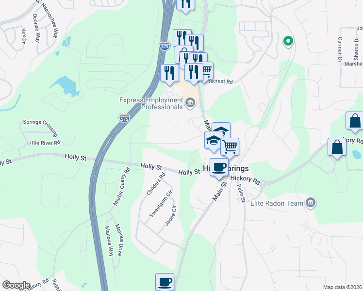 map of restaurants, bars, coffee shops, grocery stores, and more near 204 West Mountain Oak Street in Canton