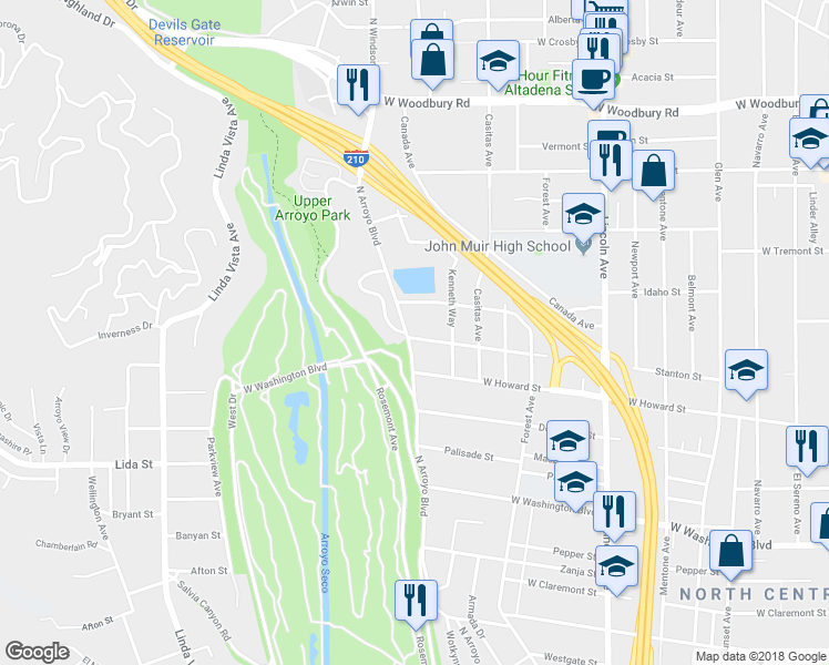 map of restaurants, bars, coffee shops, grocery stores, and more near 1650 North Arroyo Boulevard in Pasadena