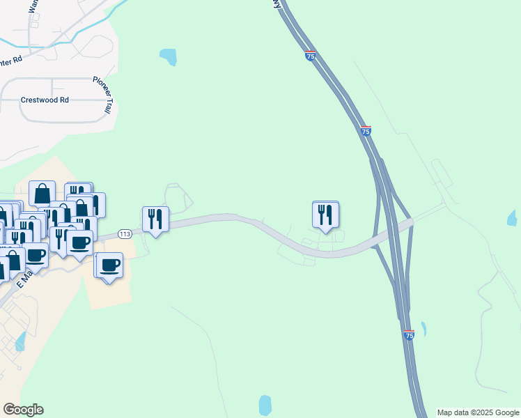 map of restaurants, bars, coffee shops, grocery stores, and more near 1300 East Main Street in Cartersville