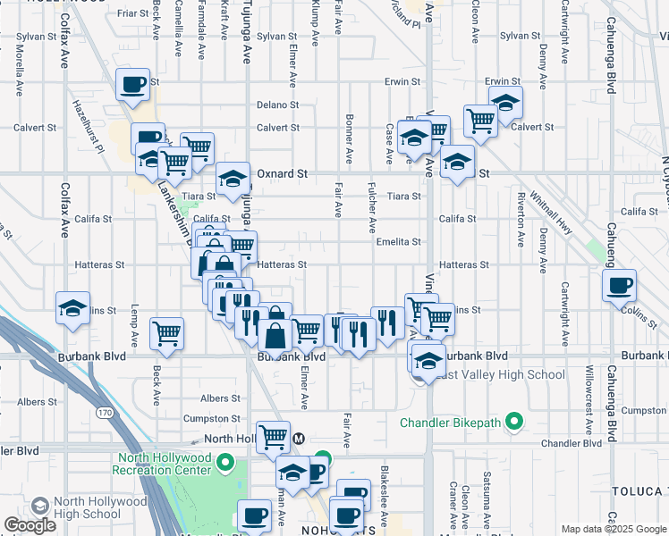 map of restaurants, bars, coffee shops, grocery stores, and more near 5761 Fair Avenue in Los Angeles