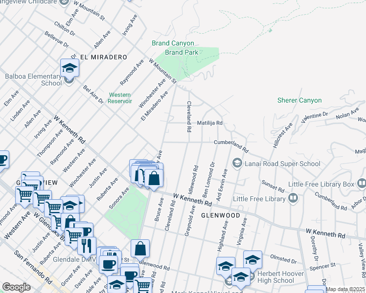 map of restaurants, bars, coffee shops, grocery stores, and more near 1639 Cleveland Road in Glendale