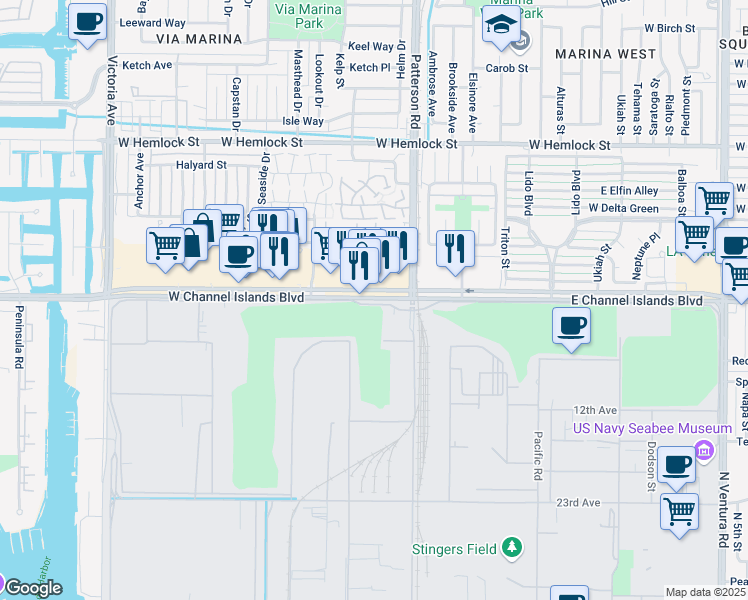 map of restaurants, bars, coffee shops, grocery stores, and more near 512 West Channel Islands Boulevard in Port Hueneme