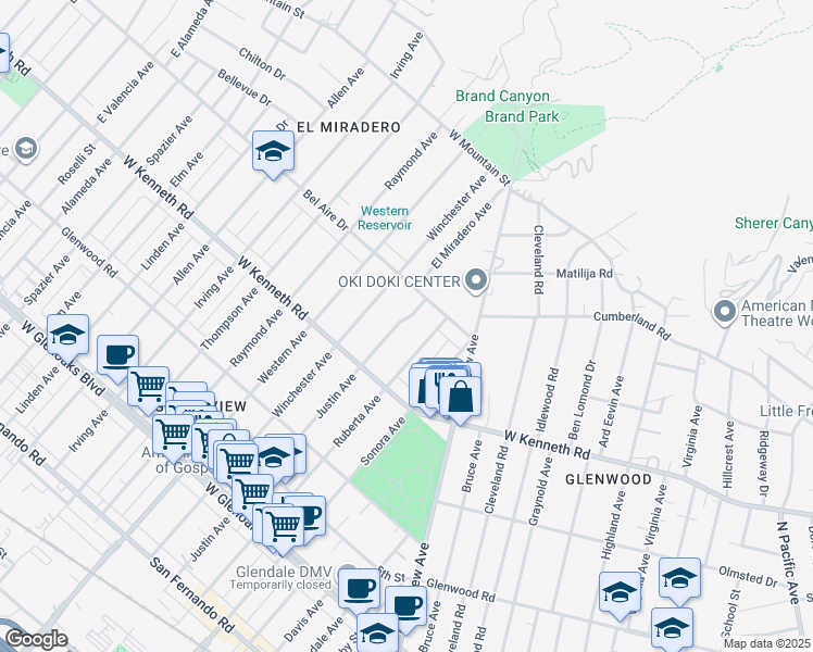 map of restaurants, bars, coffee shops, grocery stores, and more near 1358 Justin Avenue in Glendale